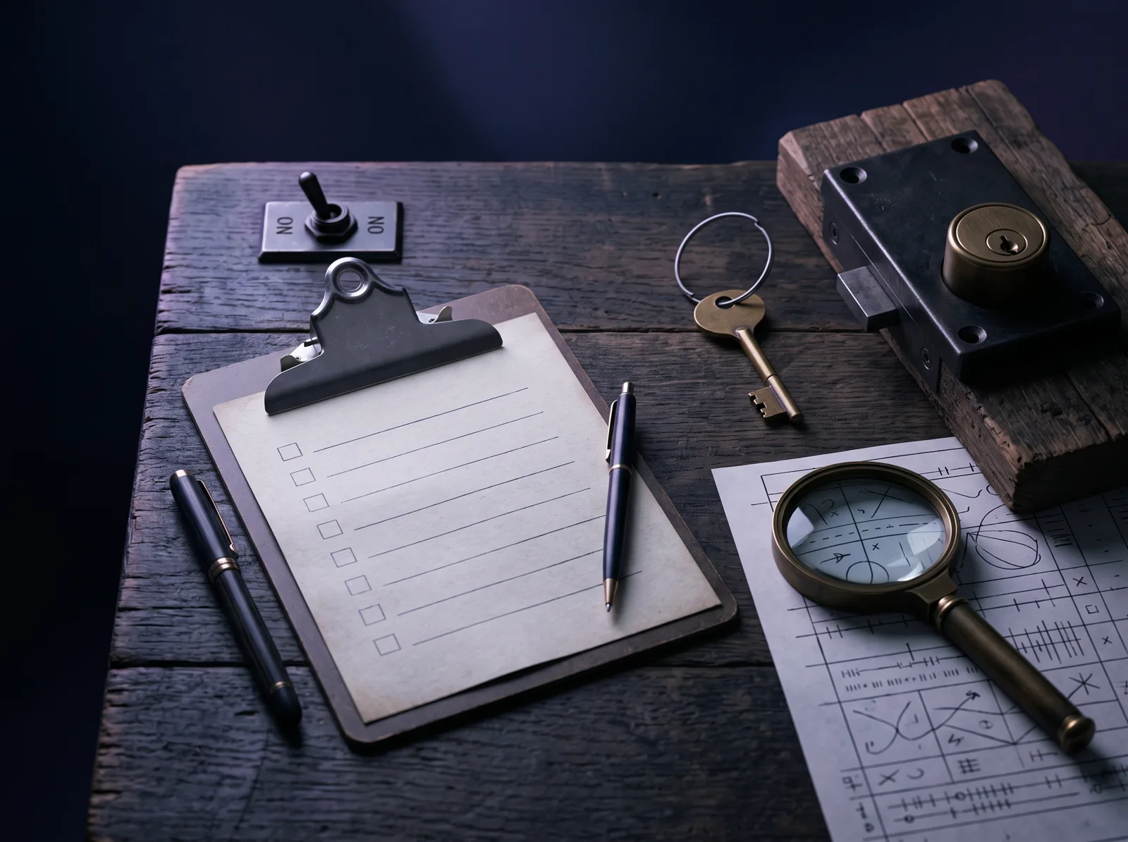 Overhead view of a clipboard, a key next to a lock, a toggle switch and a magnifying glass over a log sheet.