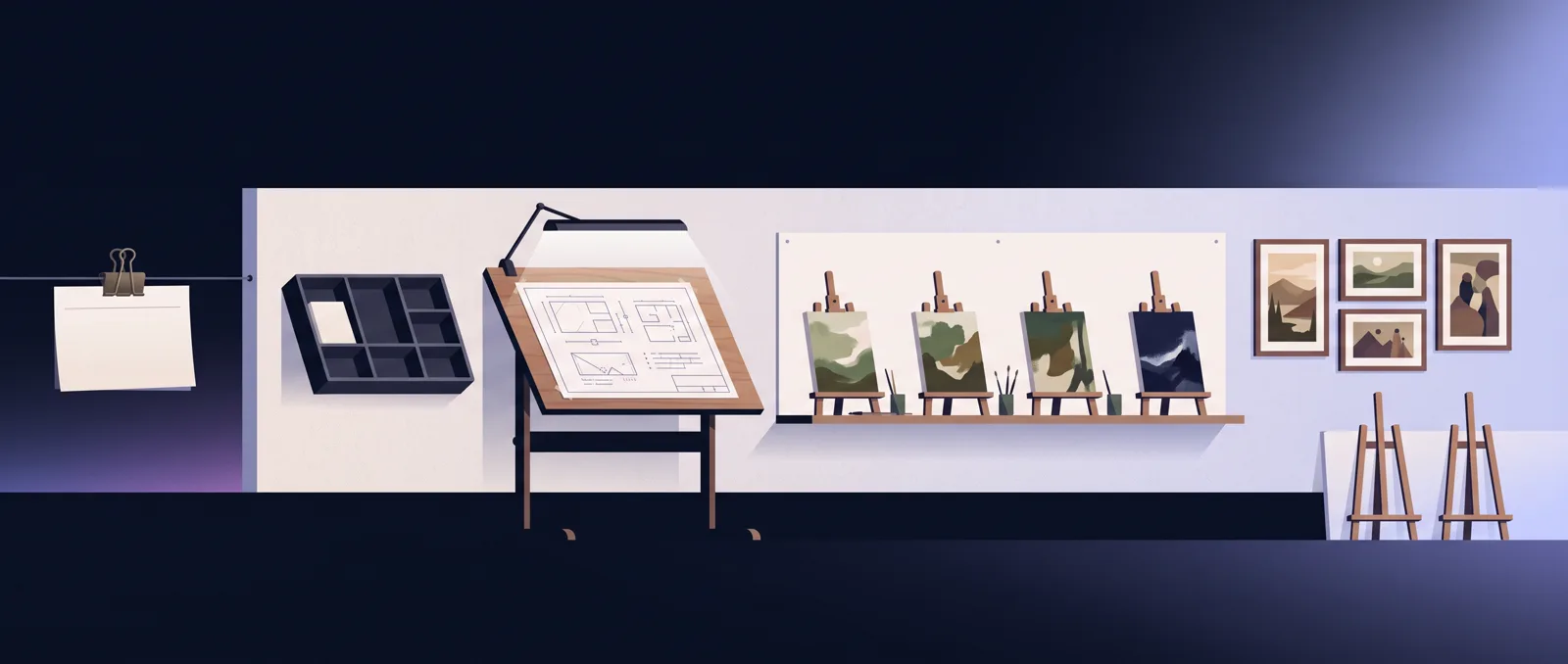 A relay line from a handwritten note through sorting, drafting and five easels painted at once to finished framed pictures, with spare easels on standby.