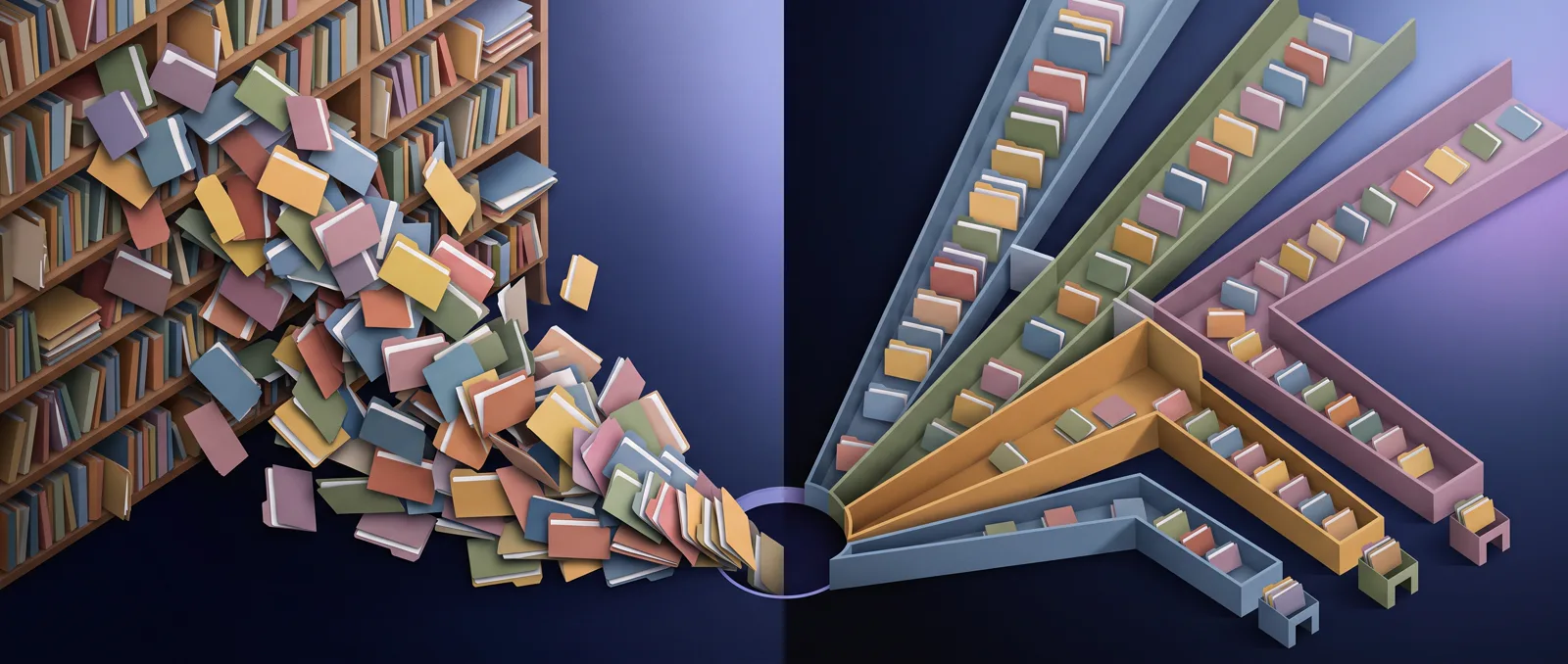 Before and after illustration: files pouring into one funnel on the left, and the same files sorted into four separate walled channels on the right