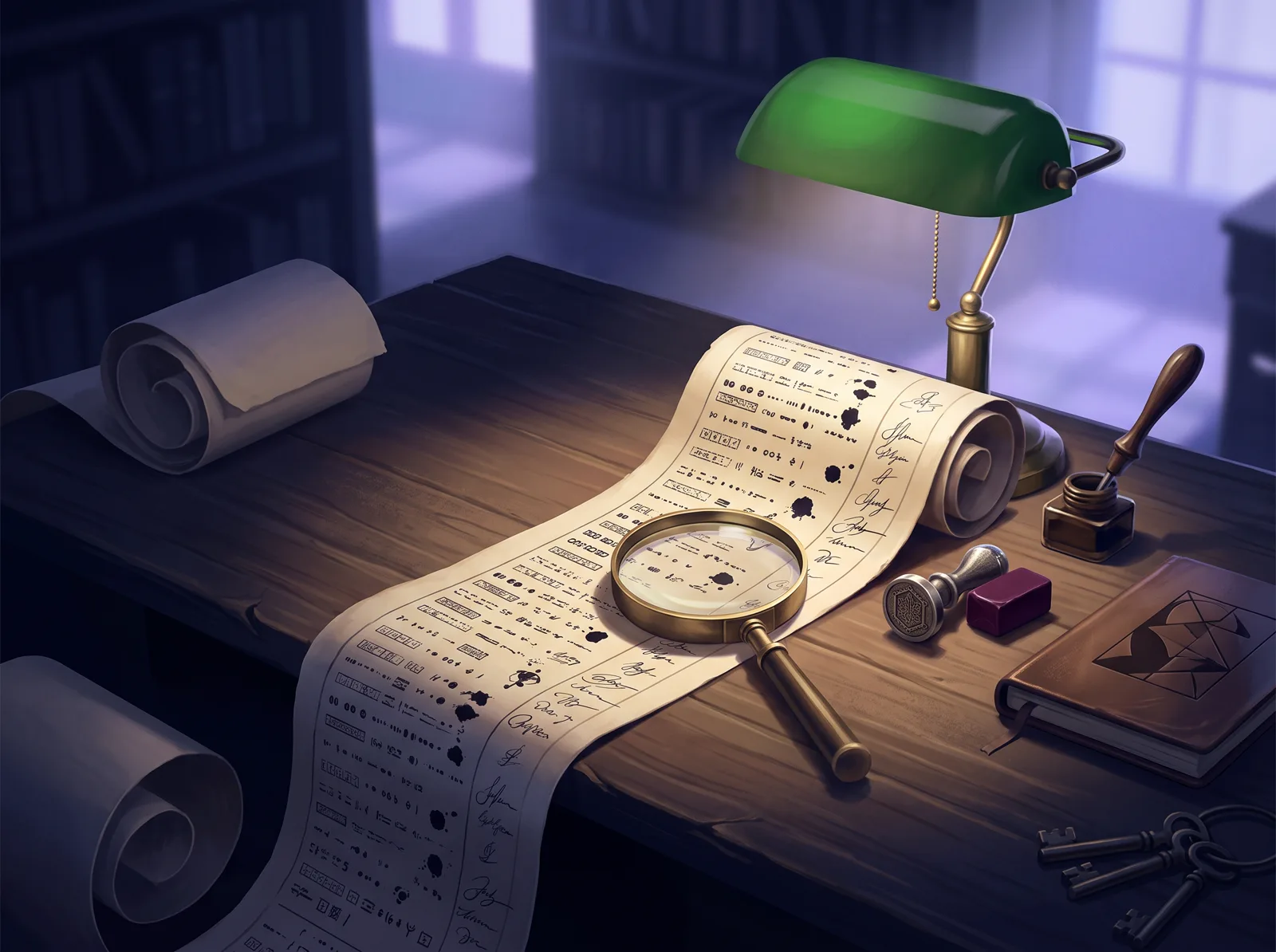 A continuous paper ledger roll with stamped marks on an archivist's desk, beside a wax seal and a magnifying glass