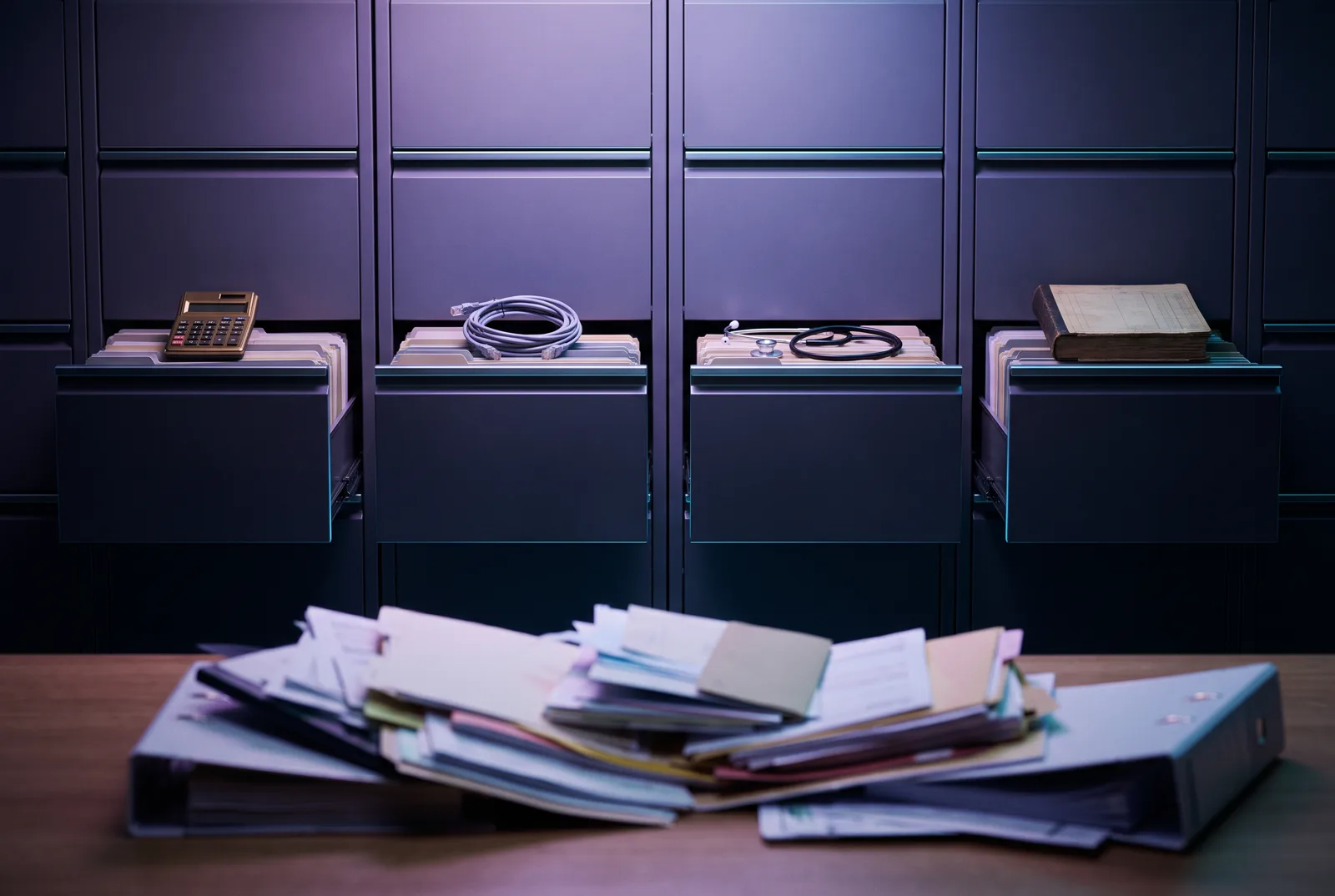 A wall of separate filing drawers, each marked by an object for one job, behind an out-of-focus heap of mixed papers on a desk.