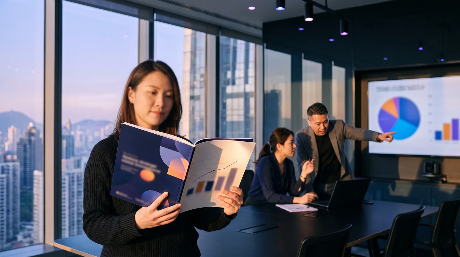 A woman holds up a freshly bound report with bold cover art while two colleagues discuss a chart on a blurred widescreen display behind her in a sunlit meeting room.