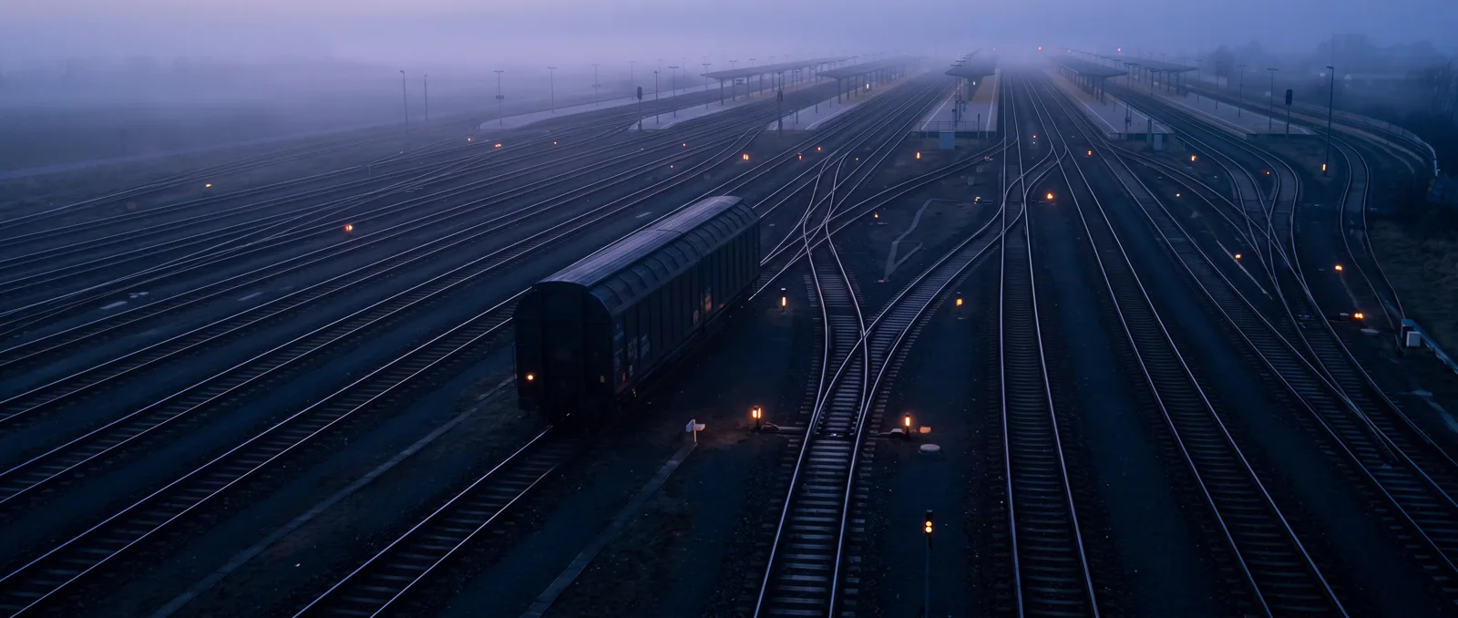 Overhead view of a rail yard where a train car is switched from one track onto a branching track