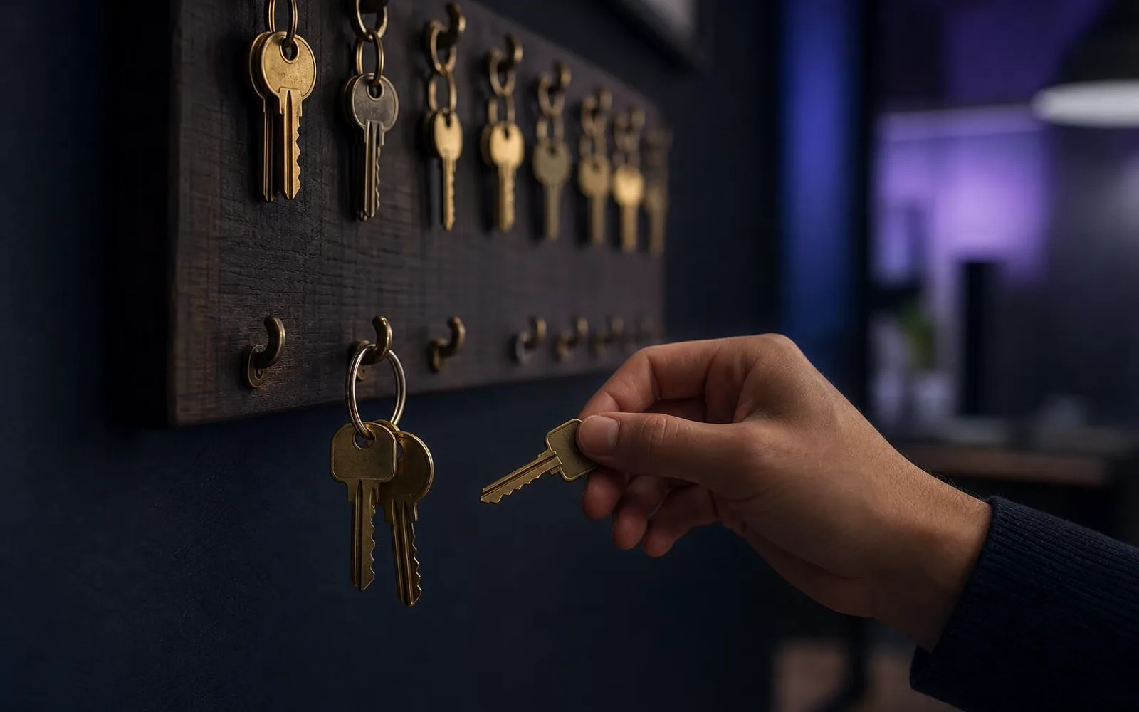 A hand adding a third key to a small key ring in front of a wall board full of hanging keys.