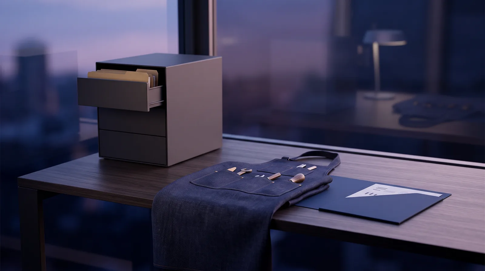An empty office desk set up for a new hire, with a tool apron, a small filing cabinet and a folder waiting on it.