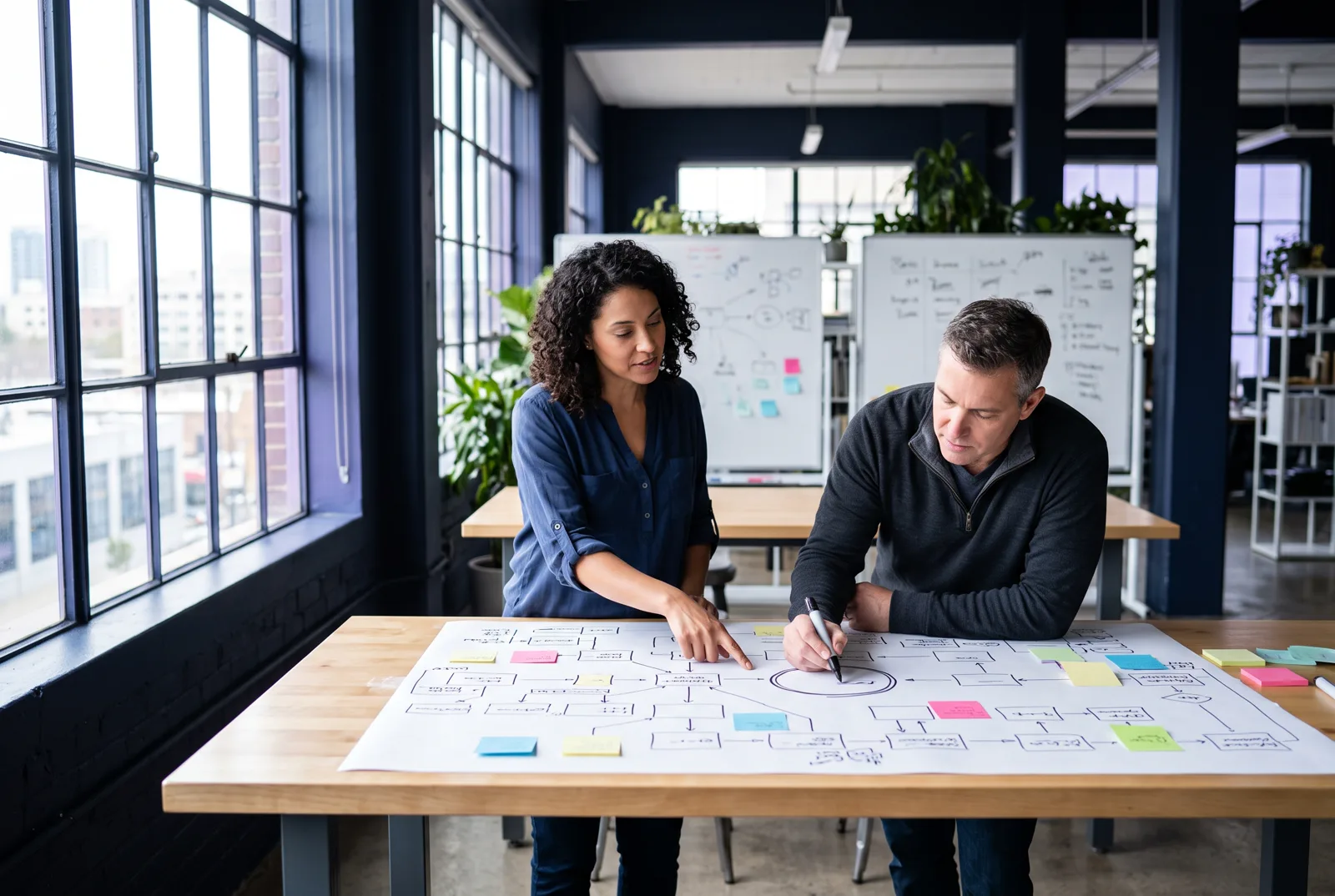 Two operations leaders lean over a tall table covered with a hand-drawn process map, one pointing to a step while the other circles a checkpoint with a marker.