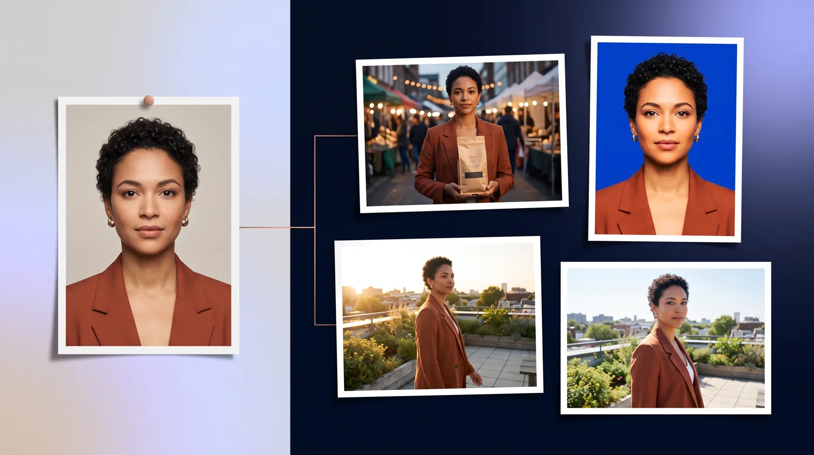 A studio headshot of a clone pinned on the left as a reference image, connected to four photos of the same clone on the right: holding a coffee bag at a street market, a bold poster portrait on a blue background, and two versions of a rooftop garden walk, one at golden hour and one at midday.