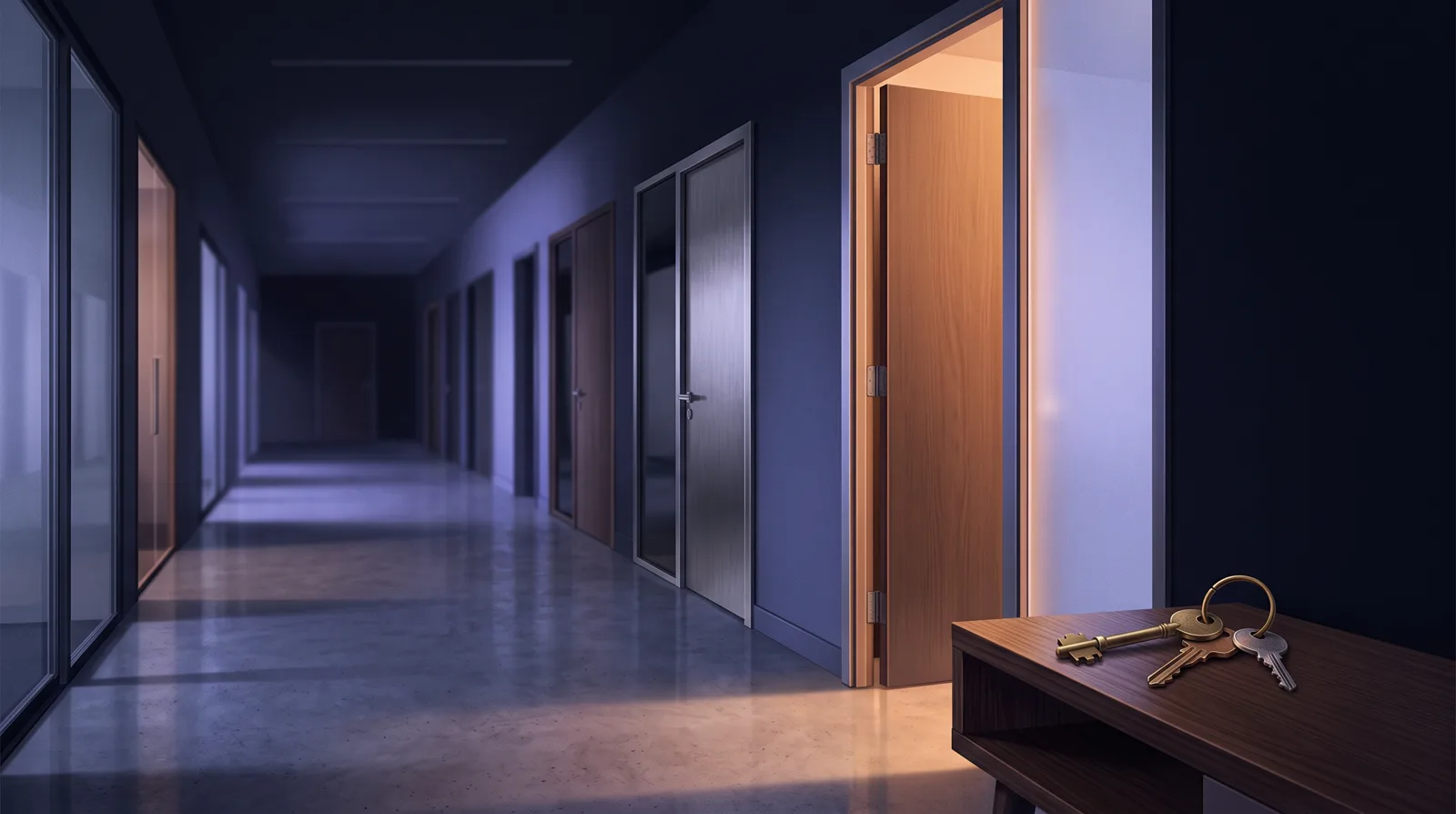 An office corridor with many closed doors, only the nearest two open and lit, and a small key ring on a table in the foreground