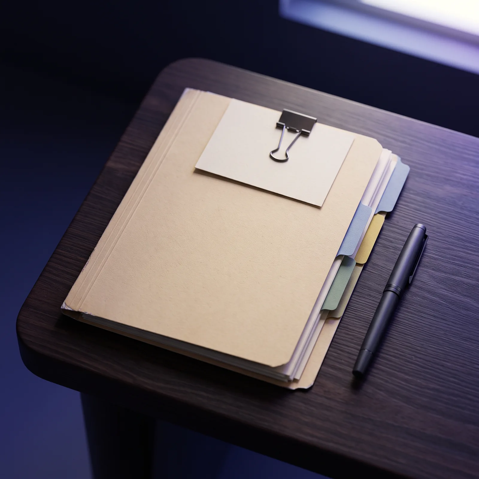 A tidy case folder with colored tabs and a clipped summary card on a wooden desk