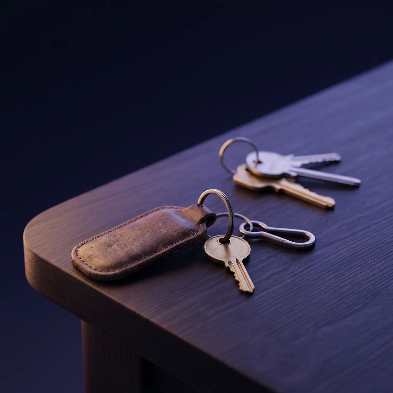 A leather key fob holding one small key, with larger unattached keys lying nearby on a wooden desk