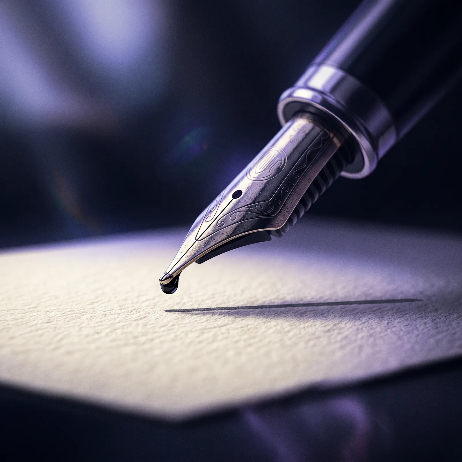 A fountain pen nib held just above a signature line, a drop of ink at its tip