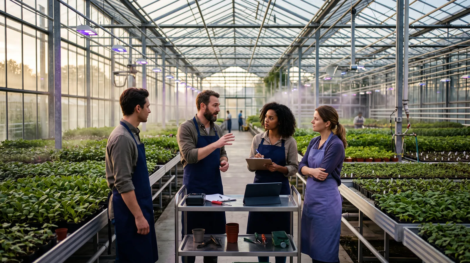 A small team of researchers stands around a rolling cart in a greenhouse, talking and taking notes during a hybrid meeting, with rows of plants stretching behind them.