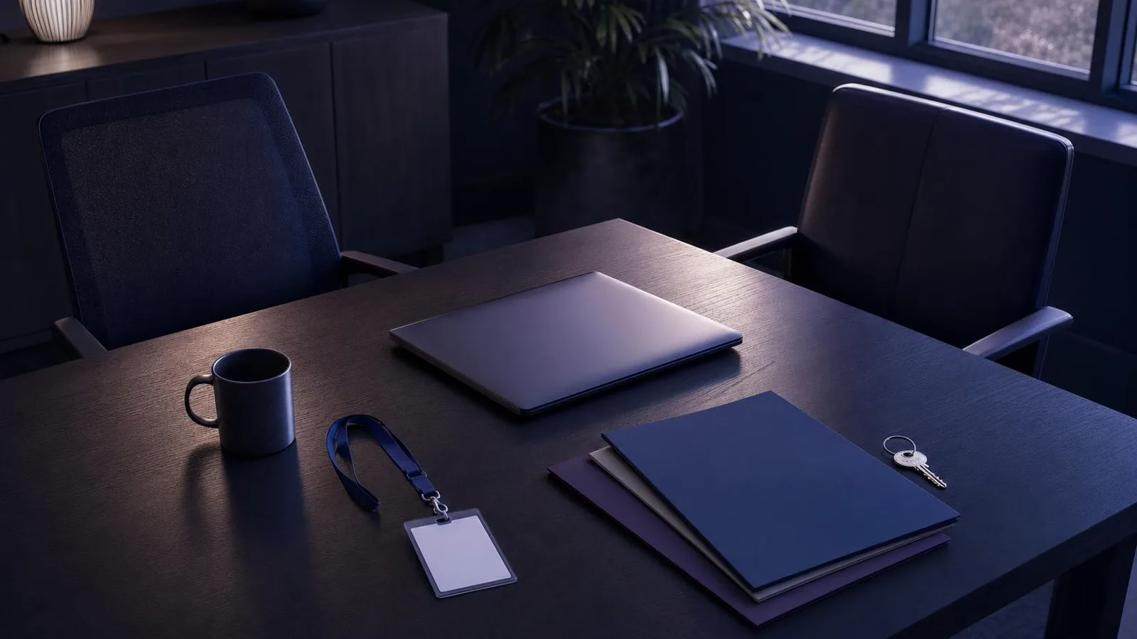A desk set up for a new hire's first day, with a laptop, blank badge, three folders, a single key and a second chair pulled alongside.