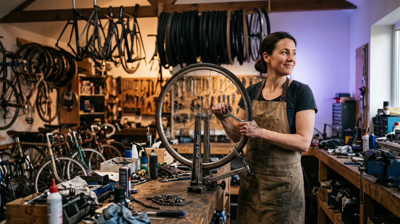 A bicycle shop owner pauses at her workbench, wrench in hand, and looks toward a soft glow with relief.