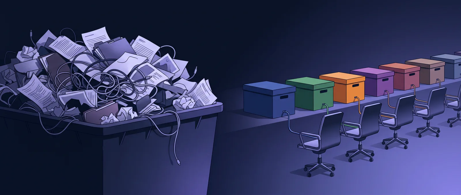 One tangled pile of documents on the left and a row of small, separate document boxes, each tied to its own chair, on the right.