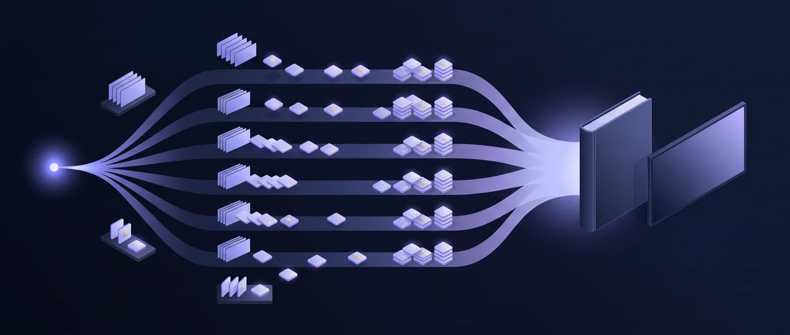 An isometric illustration of one point of light splitting into six parallel lanes that collect glowing tiles and converge into a bound report and a widescreen slide panel.