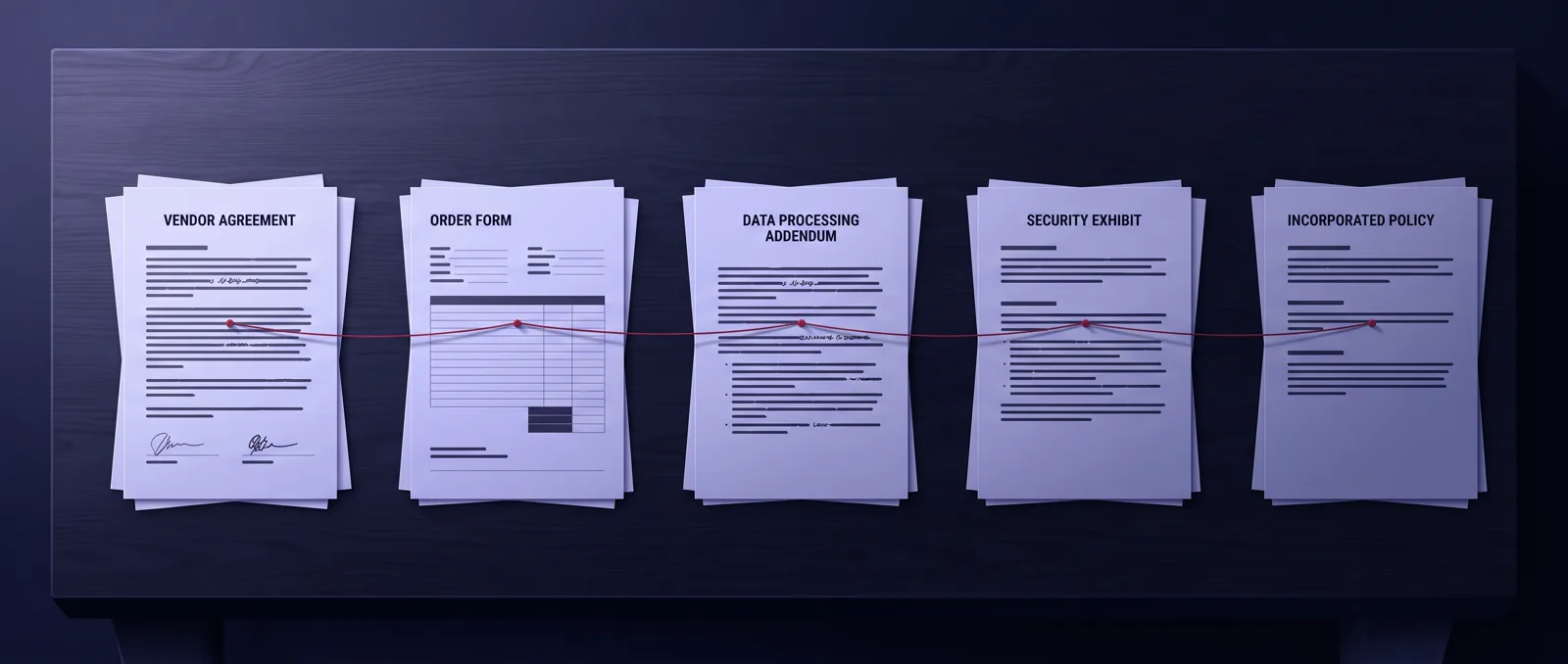 A vendor agreement separated into its main body, order form, data addendum and exhibits, linked by red thread across a long table