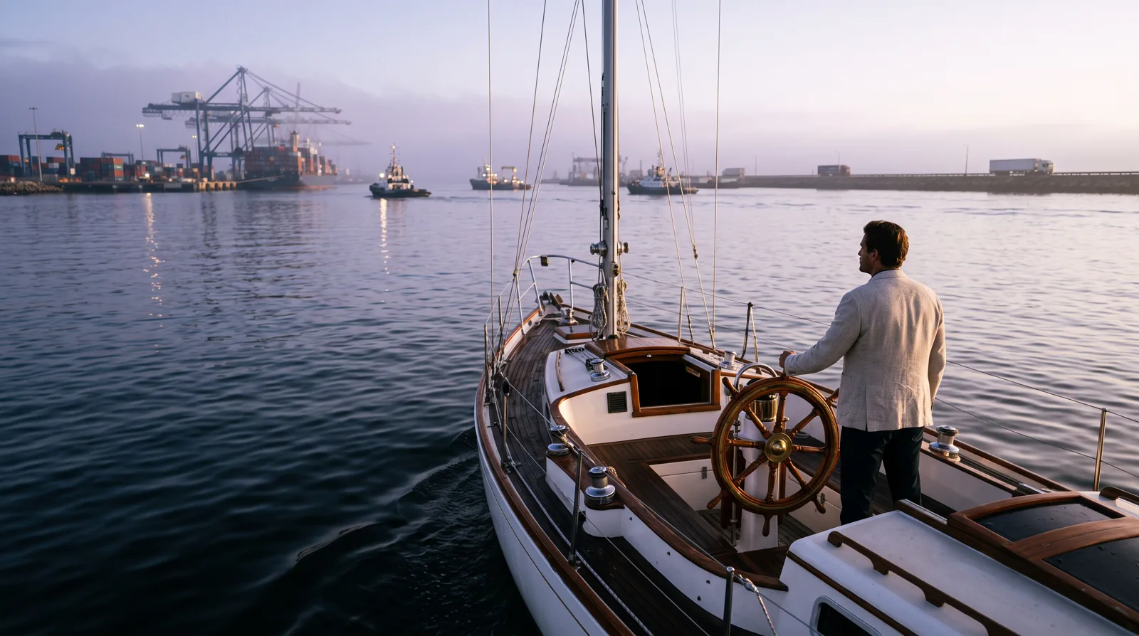 A man at the helm of a sailboat on calm morning water looks toward a distant port where cranes and vessels are already at work.