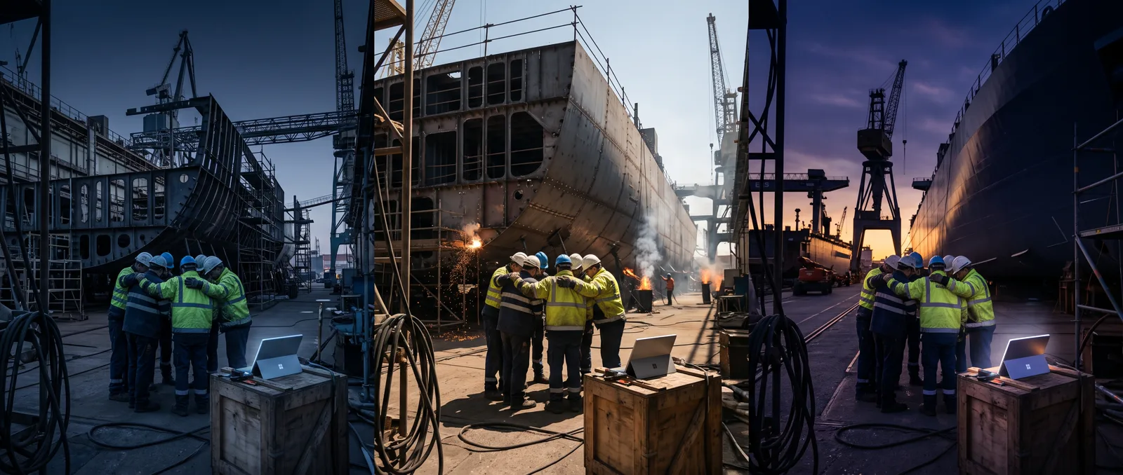 A wide view of a shipyard dock showing the same crew huddle three times from morning to evening, a tablet on a crate each time, as the ship hull behind them nears completion.