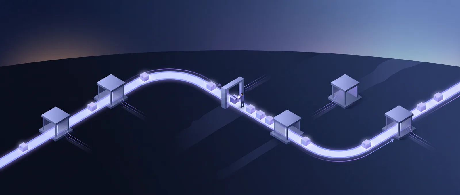 An isometric illustration of a glowing path arcing across the sky from dawn to afternoon, with parcels passing between nodes and pausing at a gate where a small person inspects them.